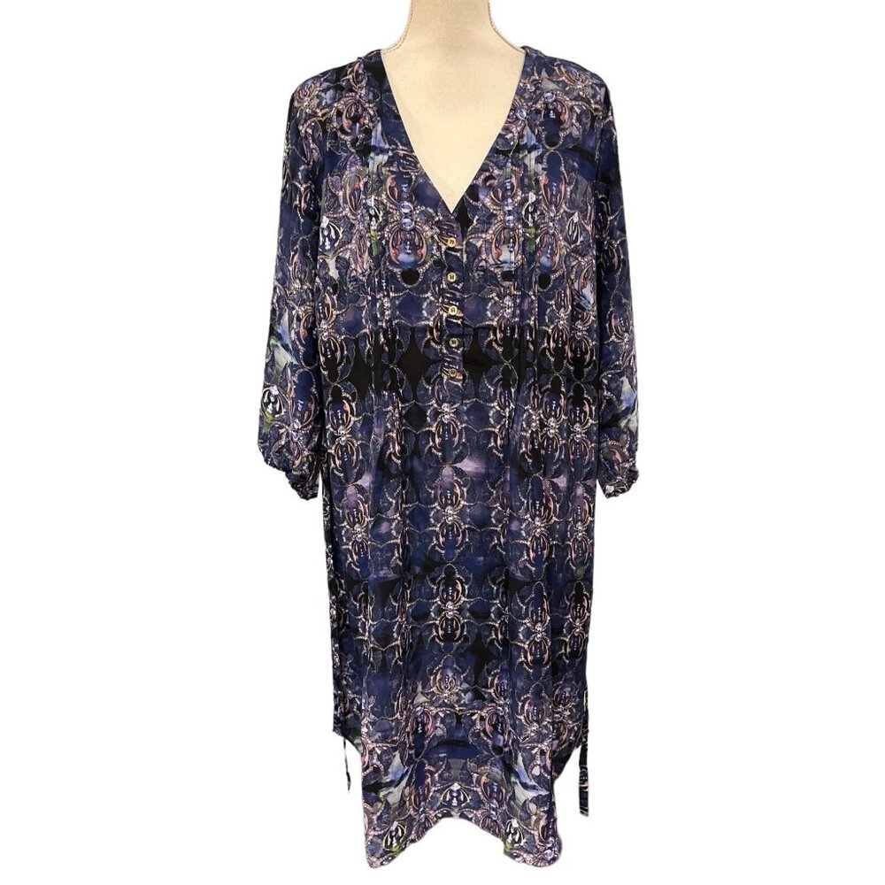 Evans Dress Womens 20 Blue Mixed Dark Geo Floral Chiffon Pintuck Midi Grunge
